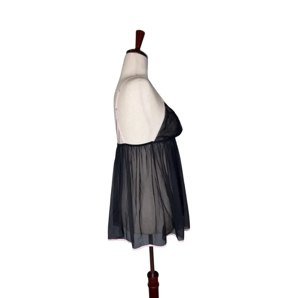 VTG Victoria's Secret Black Lace Sheer Split Back Babydoll Lingerie Top  Size: L